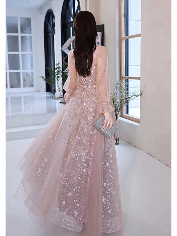 kamahe Pink Prom Gowns Long Sleeves For Graudation Party Shiny Star Glitter A-Line Floor-Length Tulle Women Formal Evening Dresses