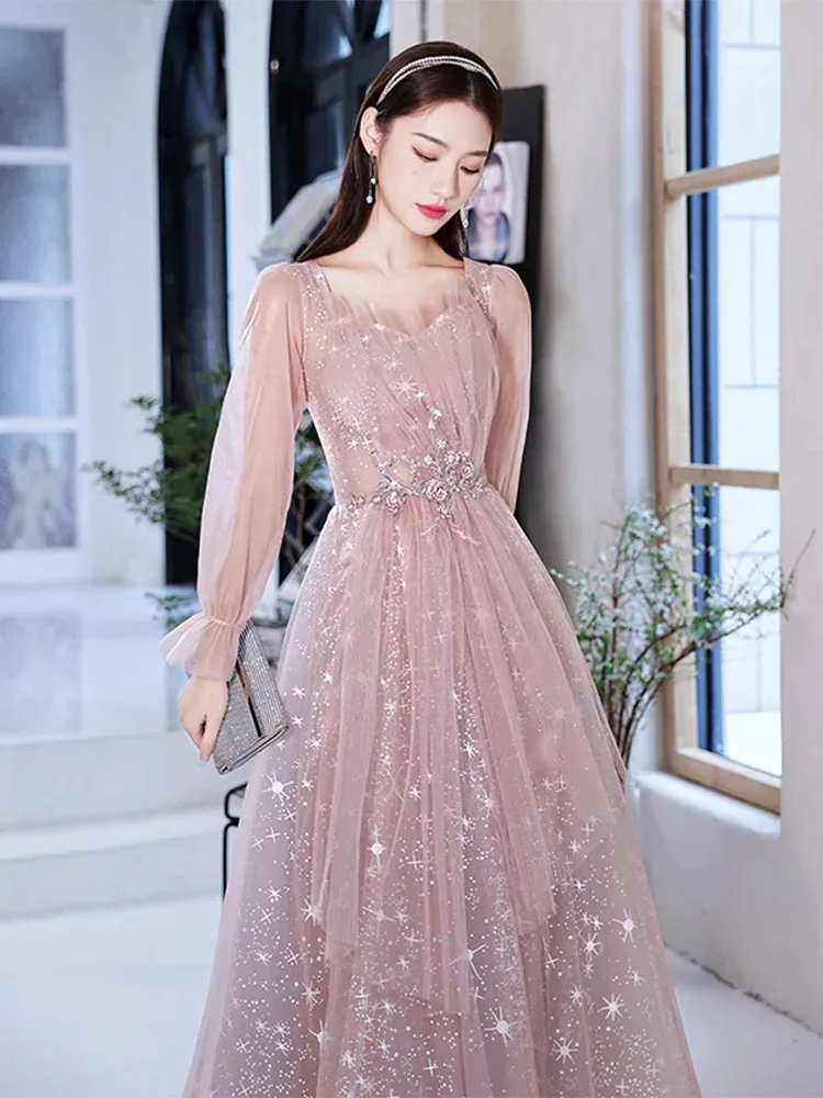 kamahe Pink Prom Gowns Long Sleeves For Graudation Party Shiny Star Glitter A-Line Floor-Length Tulle Women Formal Evening Dresses